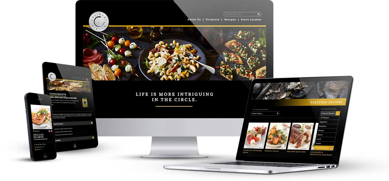 Culinary circle website on a desktop computer, laptop, tablet, and mobile phone