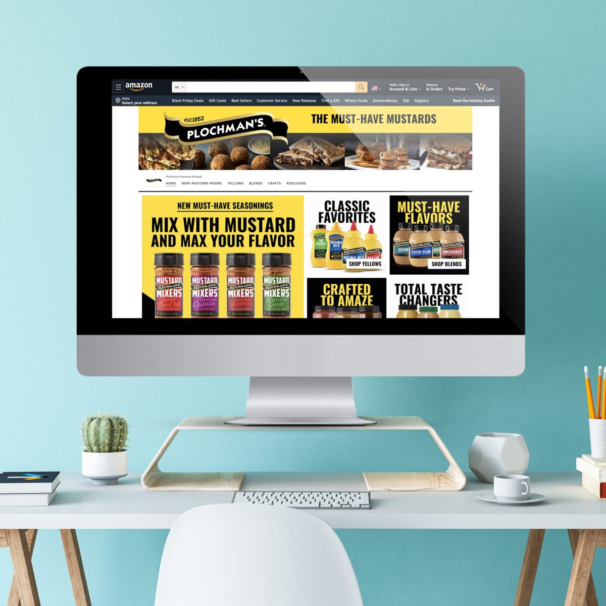 Desktop computer with Plochman's Amazon storefront