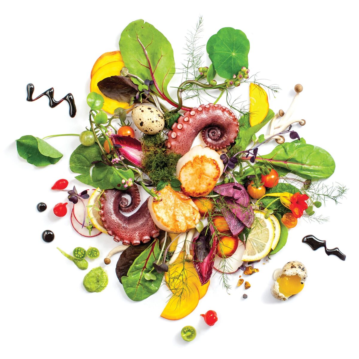 Overhead shot of random, colorful food