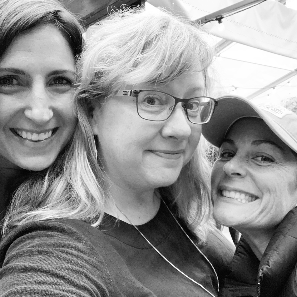 Black and white selfie of Deb, Muriel and Anna