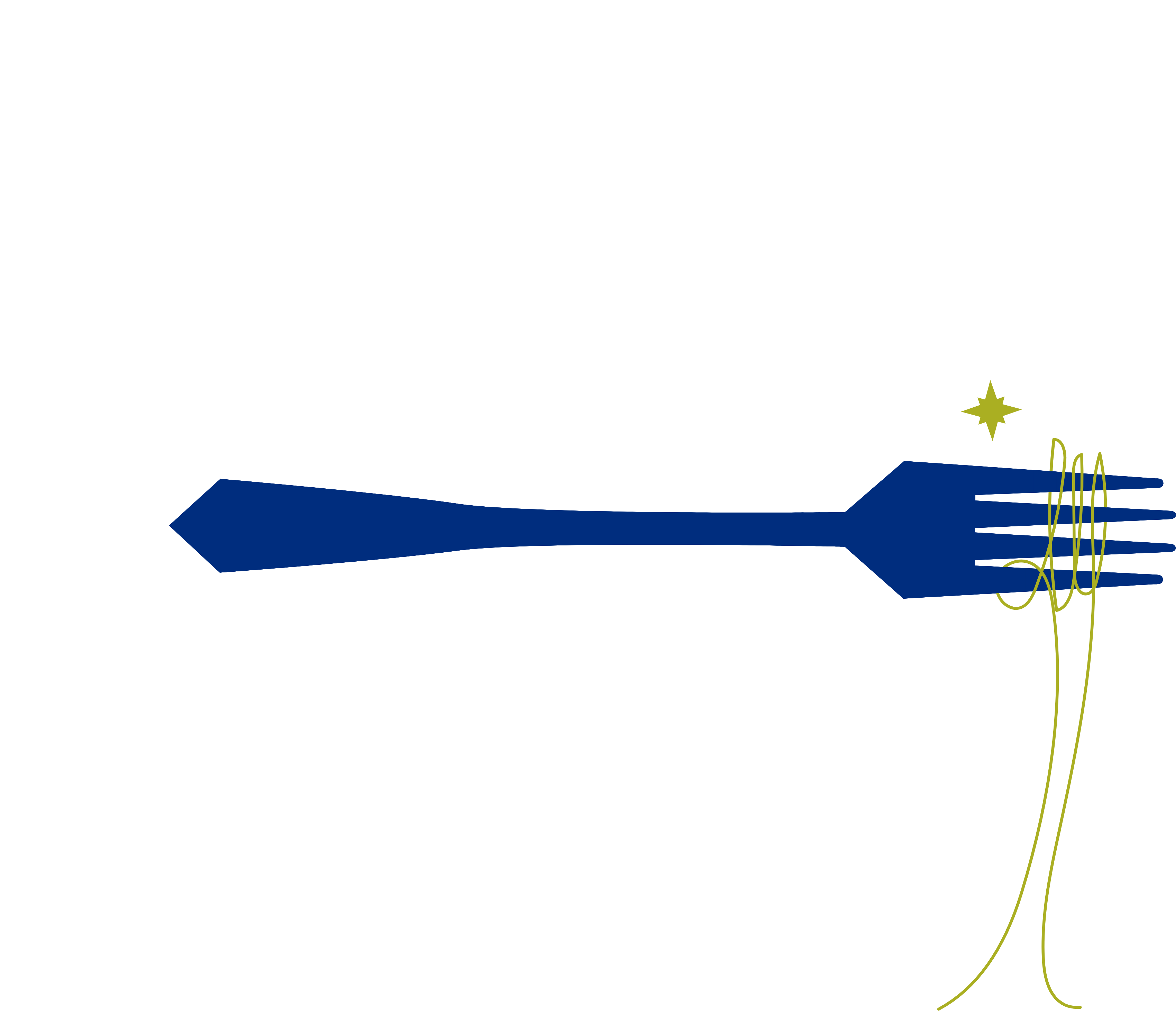 Illustration of a blue fork with a spaghetti noodle tangled around its tines