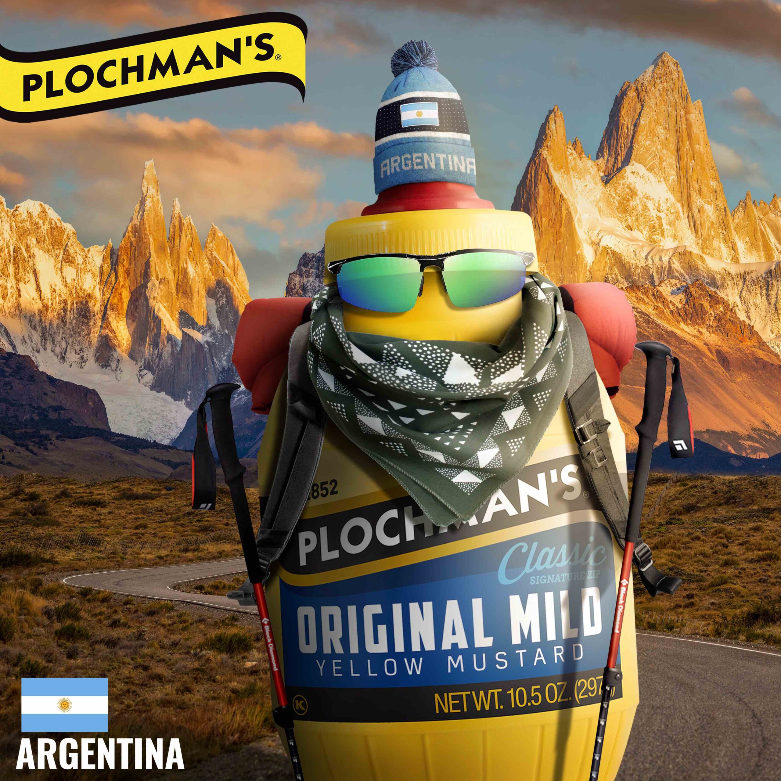 Bottle of plochman-s mustard dressed up for hiking