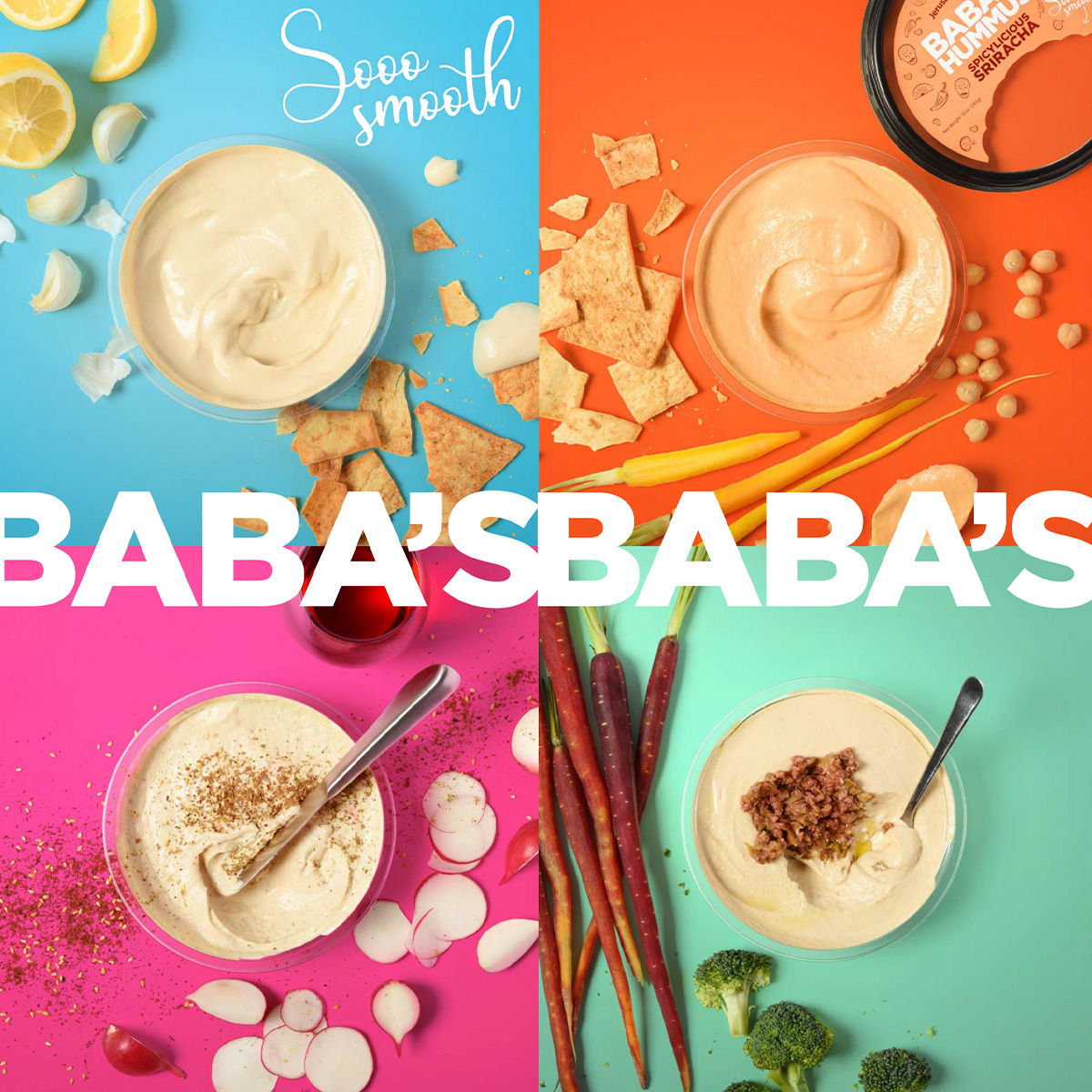 4 shotes of baba's hummus on different colored backgrounds with the words BABA'S across it