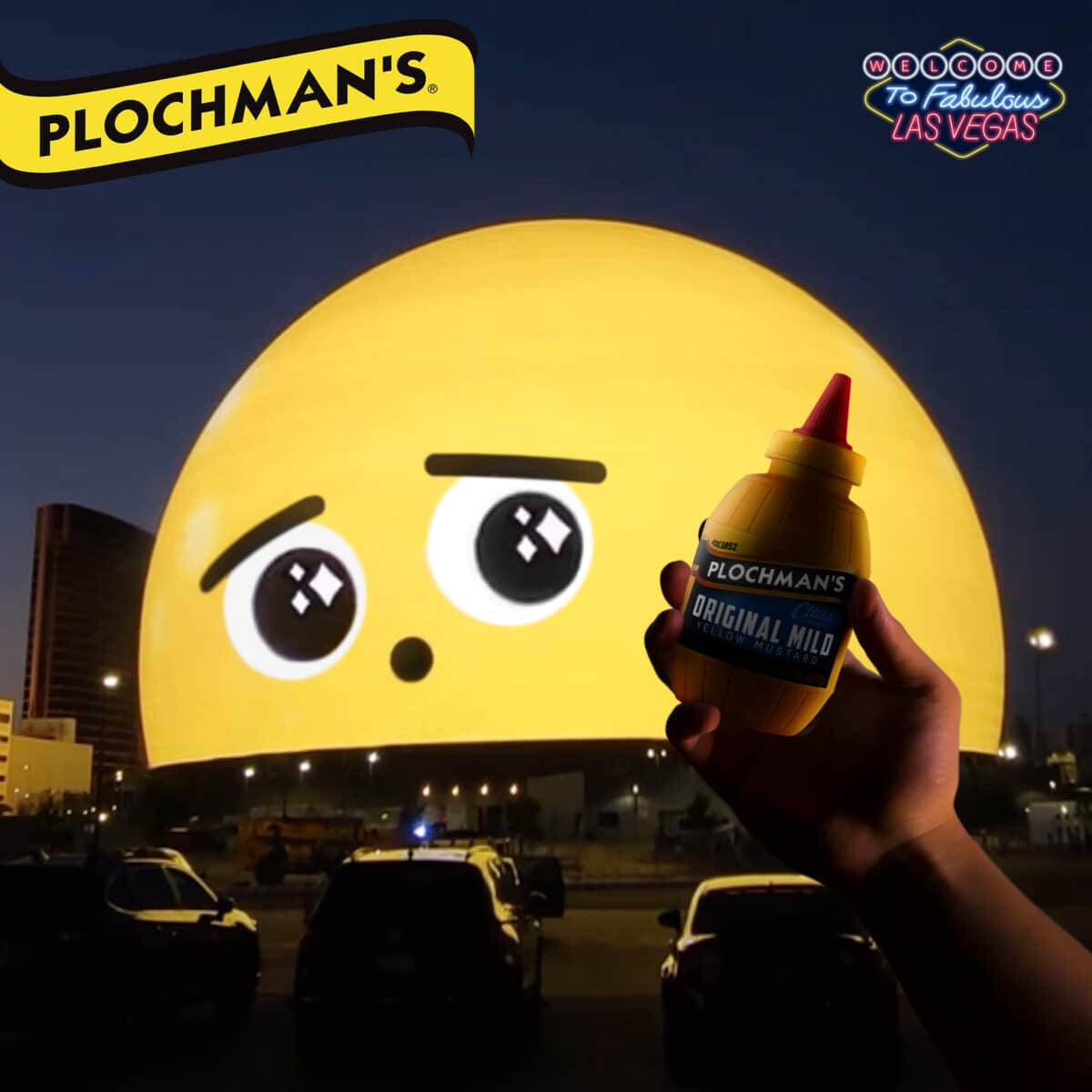 Las Vegas Sphere looking at a bottle of Plochman's