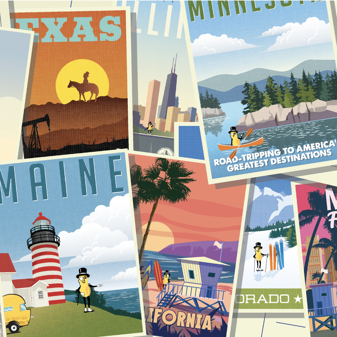 A collage of illustrated postcards featuring Mr. Peanut