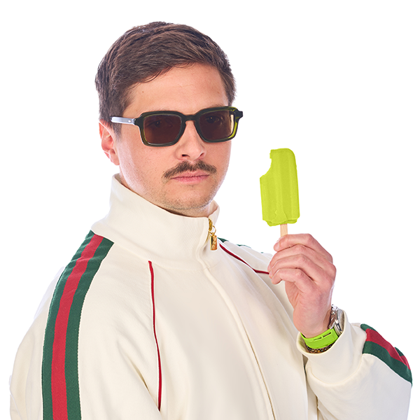 Phil Sussingham wearing sunglasses and holding a green popsicle