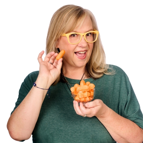 Deb holding a bowl of circus peanuts