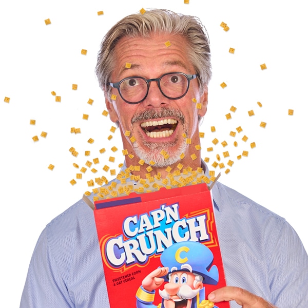 Phil with a box of Cap'n Crunch cereal